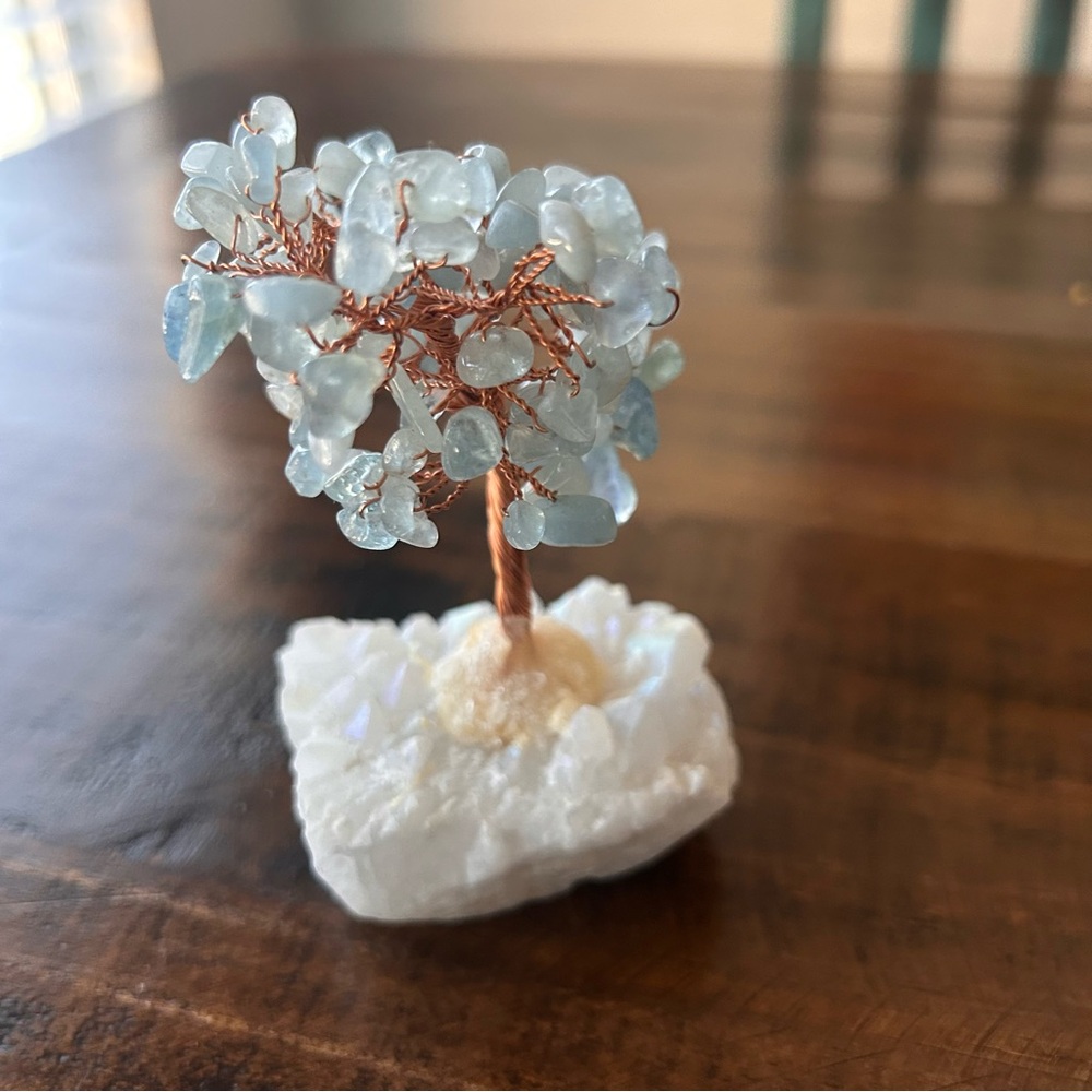 Small Aquamarine “Tree Of Life” Bonsai Tree on Crystal Base 4 1/2”